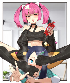 2girls bad_id bad_twitter_id bandaid bandaid_on_head black_eyes blue_eyes blue_hair blush coral_(pokemon) fangs feet foot_focus foot_on_another&#039;s_face gen_4_pokemon holding holding_phone indoors kikimifukuri liko_(pokemon) medium_hair midriff multiple_girls nail_polish navel nintendo open_mouth phone pink_hair plantar_flexion pokemon pokemon_(anime) pokemon_horizons rotom rotom_phone smell smelling smelling_feet smug tank_top tears thighhighs toes twintails yuri