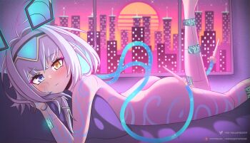 1girl ahoge android animal_ears ass bare_shoulders bed blue_eyes blue_hair blush building circuit_board cityscape closed_mouth come_hither completely_nude fake_animal_ears foot_out_of_frame hair_between_eyes hair_ornament head_on_pillow heterochromia highres indie_virtual_youtuber leg_up looking_at_viewer lying mischiefmiz nude on_bed on_stomach pillow sayu_sincronisity short_hair simple_background sky skyscraper smile solo star_(sky) starry_sky sun sunset tattoo the_pose thighs tube turning_head vaporwave virtual_youtuber visor_cap window yellow_eyes