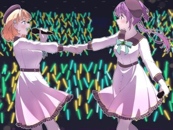 2girls :d aqua_eyes beret breasts brown_hat cerise_bouquet collared_dress commentary_request dream_believers dress eye_contact feet_out_of_frame glowstick green_eyes green_ribbon hair_ornament hat highres hinoshita_kaho holding holding_hands holding_microphone link!_like!_love_live! liz_(piyoko_piyop) long_hair long_sleeves looking_at_another love_live! medium_breasts medium_dress microphone multiple_girls neck_ribbon official_alternate_costume open_mouth orange_hair otomune_kozue penlight_(glowstick) pink_dress pulling purple_hair rabbit_hair_ornament ribbon side_ponytail smile teeth two_side_up upper_teeth_only virtual_youtuber