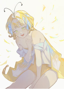 Rule 34 | 1girl, antenna hair, blonde hair, butterfly wings, c keiryu, colored skin, cookie run, cookie run: kingdom, curly eyebrows, highres, humanization, insect wings, layered clothes, long eyelashes, long hair, looking at viewer, smile, solo, sugarfly cookie, very long hair, wings, yellow skin