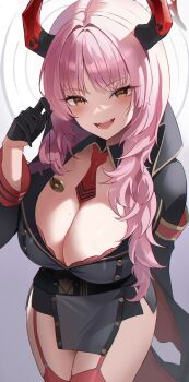 1girl absurdres bebibebi black_coat black_gloves blue_archive blush bra bra_peek breasts brown_eyes buttons cleavage coat coat_on_shoulders coin coin_on_string collared_jacket commentary_request cowboy_shot double-breasted eyelashes fangs garter_straps gloves gold_trim grey_background grey_jacket hair_intakes half_gloves hand_up highres holding holding_pendulum holed_coin horns hypnosis hypnotizing_viewer jacket lapels large_breasts long_hair long_sleeves looking_at_viewer military_jacket mind_control mole mole_on_breast necktie open_mouth parted_bangs pendulum pink_hair red_bra red_horns red_necktie red_thighhighs round_teeth satsuki_(blue_archive) short_necktie sidelocks simple_background sleeve_cuffs smile solo standing teeth thighhighs thighs underwear v-shaped_eyebrows white_background