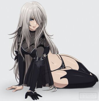 1girl a2_(nier:automata) absurdres blue_eyes highres long_hair looking_at_viewer nier:automata nier_(series) nier_reincarnation one_eye_covered shirl_geem white_background white_hair