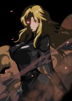 Rule 34 | 1girl, absurdres, bibi (coffe), black background, black bodysuit, bodysuit, breasts, brown hair, closed eyes, closed mouth, commentary request, gloves, glowing, glowing eyes, highres, kiryuu moeka, large breasts, long hair, long sleeves, looking at viewer, no eyewear, red eyes, science adventure, simple background, skin tight, smoke, solo, steins;gate, steins;gate 0