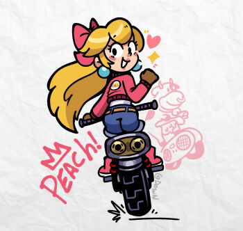 1girl belt black_eyes blonde_hair blush_stickers brown_gloves character_name commentary cow dawn_(paper_dawn) denim denim_shorts earrings english_commentary eyelashes from_behind gloves hair_ribbon heart highres jewelry long_hair looking_at_viewer mario_(series) mario_kart mario_kart_world moo_moo_(mario) motor_vehicle motorcycle nintendo on_motorcycle paper_background ponytail princess_peach red_ribbon red_shoes ribbon shoes shorts smile solo sparkle sphere_earrings teeth twitter_username white_background