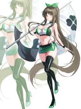 1girl absurdres bare_shoulders black_survival black_thighhighs breasts brown_hair choker cleavage cleavage_cutout closed_mouth clothing_cutout commentary crop_top eternal_return:_black_survival flag full_body green_choker green_eyes green_sandals green_shirt green_skirt gweon_sua hair_ribbon high_heels highleg highres holding holding_flag large_breasts leg_up long_hair looking_at_viewer midriff miniskirt navel panty_straps ponytail race_queen ribbon sandals shiny_clothes shirt simple_background skirt sleeveless sleeveless_shirt smile solo stomach suisen_(suisenhwa) sweatband thighhighs thighs two-tone_shirt very_long_hair white_background white_shirt zettai_ryouiki zoom_layer