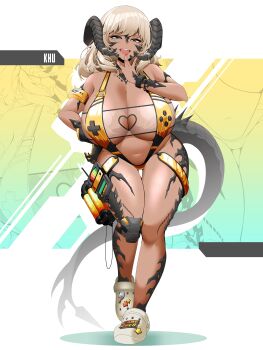 1girl absurdres blonde_hair blue_eyes breasts cleavage clothing_cutout commission cosplay crocs dark-skinned_female dark_skin elegg_(boom_and_shock)_(nikke) elegg_(boom_and_shock)_(nikke)_(cosplay) elegg_(nikke) elegg_(nikke)_(cosplay) final_fantasy full_body goddess_of_victory:_nikke green_background hand_to_own_mouth hand_up hashtag-only_commentary heart_cutout heterochromia highres horns huge_breasts looking_at_viewer medium_hair open_mouth original saltnvalk see-through_slingshot_swimsuit shoes slingshot_swimsuit smile solo swept_bangs swimsuit tail thigh_gap vgen_commission walking warrior_of_light_(ff14) white_shoes yellow_eyes yellow_slingshot_swimsuit