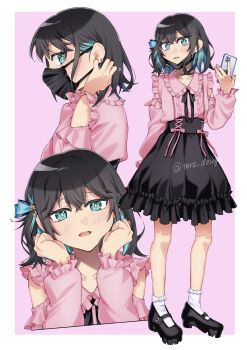1girl absurdres alternate_costume aqua_eyes black_hair black_shoes black_skirt colored_inner_hair frilled_shirt frilled_skirt frilled_socks frills high-waist_skirt highres holding holding_phone jirai_kei long_sleeves looking_at_viewer mask medium_hair miyamai_moca mouth_mask multicolored_hair multiple_views neck_ribbon phone pink_shirt ribbon shirt shoes skirt socks tere_douga voicepeak white_socks