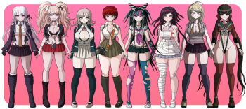 6+girls a_beautiful_man_(middinos) absurdres ahoge akamatsu_kaede bandages bear_hair_ornament blonde_hair blush breasts camera cleavage curvy danganronpa:_trigger_happy_havoc danganronpa_(series) danganronpa_2:_goodbye_despair danganronpa_v3:_killing_harmony ear_piercing enoshima_junko female_focus freckles full_body hair_ornament harukawa_maki highres kirigiri_kyoko koizumi_mahiru large_breasts long_hair looking_at_viewer matching_hair/eyes medium_breasts middinos miniskirt mioda_ibuki mole mole_on_breast mole_under_eye multicolored_hair multiple_girls musical_note nanami_chiaki necktie nurse piercing pink_eyes pink_hair purple_eyes purple_hair red_eyes red_hair short_hair simple_background skirt slingshot_swimsuit streaked_hair swimsuit thick_thighs thighhighs thighs torn_clothes torn_thighhighs tsumiki_mikan twintails underboob very_long_hair