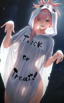 1girl blue_eyes blush breasts earrings fate/grand_order fate_(series) ghost_costume highres hood jewelry large_breasts leaf_earrings long_hair looking_at_viewer miyamoto_musashi_(fate) mugetsu2501 open_mouth pink_hair ponytail smile solo swept_bangs trick_or_treat