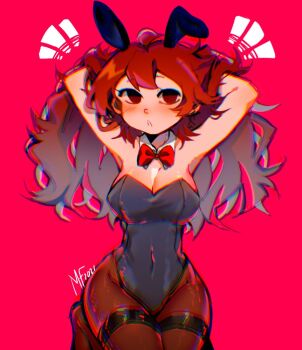 Rule 34 | !, animal ears, armpits, arms behind head, artist name, blush, bow, bowtie, brown hair, covered navel, detached collar, fake animal ears, friday night funkin', girlfriend (friday night funkin'), long hair, looking at viewer, mary felizola, pantyhose, playboy bunny, rabbit ears, red background, red eyes, thigh strap