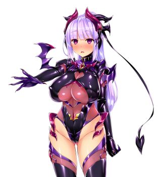 1girl areola_slip blush breasts cleavage clenched_hand clothing_cutout collar corruption covered_erect_nipples cowboy_shot dark_persona demon_girl demon_horns demon_tail demon_wings elbow_gloves game_cg gloves gluteal_fold hair_ornament highleg highleg_leotard horns huge_breasts kisaragi_nozomi large_variant_set latex leotard long_hair looking_at_viewer non-web_source official_art open_mouth outstretched_arm pink_eyes ponytail purple_eyes purple_hair satou_kuuki shadow_venus shinsou_seiki_elementia shiny_clothes shiny_skin skin_tight solo standing tail thighhighs transparent_background variant_set wings