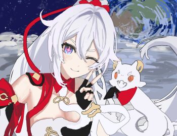 1girl ahoge blue_eyes breasts chinese_clothes cleavage collar detached_sleeves fangs fingerless_gloves gloves hair_between_eyes highres honkai_(series) honkai_impact_3rd horse_girl kiana_kaslana kiana_kaslana_(ba-dum!_fiery_wishing_star) kouri_huyuhasu light_smile long_hair one_eye_closed pink_pupils ribbon rice_cake_(honkai_impact) snake symbol-shaped_pupils v very_long_hair white_hair