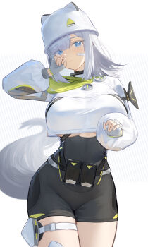 1girl absurdres arknights arknights:_endfield arm_up bandaid bandaid_on_face belt black_bodysuit blue_eyes bodysuit breasts chinese_commentary ciexbiet closed_mouth commentary_request cowboy_shot cropped_shirt estella_(arknights) fingerless_gloves gloves grey_gloves hat hat_with_ears highres huge_breasts long_sleeves looking_at_viewer medium_hair puffy_sleeves shirt shrug_(clothing) sidelocks solo standing straight_hair striped_background tail thighs underboob white_background white_hair white_hat white_shirt white_shrug