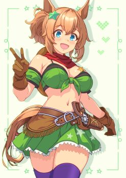 1girl :d animal_ears bandeau bare_shoulders belt blue_eyes blush breasts brown_belt brown_gloves brown_hair cleavage colt_single_action_army commentary_request cowboy_hat cowboy_shot elbow_gloves gloves green_bandeau green_skirt gun hair_between_eyes hair_ornament handgun hat hat_on_back highres holstered horse_ears horse_girl horse_tail kaicho_(kaicho_p) large_breasts long_hair looking_at_viewer midriff miniskirt navel open_mouth ponytail purple_thighhighs red_scarf revolver scarf shadow sheriff_badge sidelocks skindentation skirt smile solo standing star_(symbol) star_hair_ornament taiki_shuttle_(umamusume) tail thighhighs umamusume v weapon zettai_ryouiki