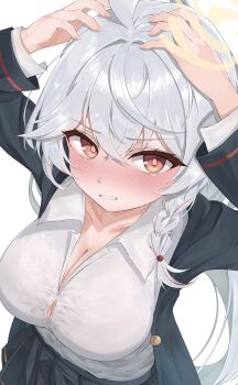 1girl 81q7bvjempsb6yb absurdres black_jacket black_skirt blue_archive blush braid breasts cleavage collared_shirt commentary_request embarrassed eri_(blue_archive) from_above halo hands_on_own_head highres jacket large_breasts long_hair looking_at_viewer multicolored_hair no_headwear orange_eyes parted_lips pleated_skirt red_streaks shirt side_braid simple_background skirt solo streaked_hair tight_clothes tight_shirt tilted_halo unbuttoned_jacket white_background white_hair white_shirt yellow_halo