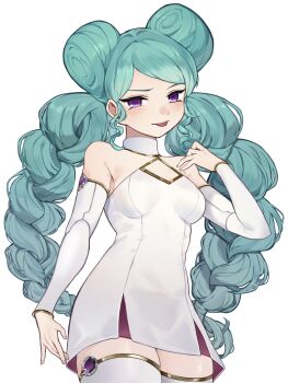 1girl aged_up aqua_hair beta_(inazuma_eleven) blush braid commentary detached_sleeves dress gold_trim highres inazuma_eleven_(series) inazuma_eleven_go inazuma_eleven_go_chrono_stone long_hair looking_at_viewer nakamasa21 protocol_omega purple_eyes simple_background solo thighhighs tongue tongue_out twin_braids white_background white_dress white_sleeves white_thighhighs