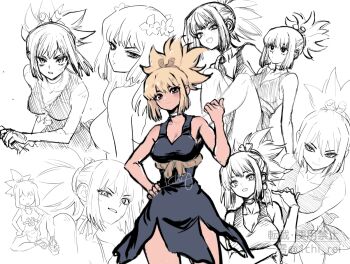 Rule 34 | 1girl, blonde hair, breasts, cleavage, closed mouth, dr. stone, dress, flower, hair flower, hair ornament, hand on own hip, kohaku (dr. stone), long hair, looking at viewer, manspreading, medium breasts, multiple views, ninomae gin, open mouth, ponytail, rope belt, simple background, smile, weapon, white background