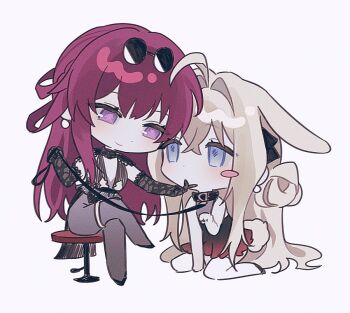 2girls ahoge alternate_costume animal_ears arm_up artist_self-insert black_collar black_footwear black_gloves black_pantyhose blonde_hair blue_eyes blush center_opening chair chibi chibi_only closed_mouth collar commentary commission couple crossed_legs detached_collar dress elbow_gloves eyewear_on_head from_side gloves hair_between_eyes hair_intakes hair_ornament hand_up holding holding_leash honkai:_star_rail honkai_(series) huge_ahoge jewelry kafka_(honkai:_star_rail) kneehighs kneeling leaning_forward leash light_smile long_hair looking_at_another looking_down looking_to_the_side looking_up m1z1xk multicolored_dress multicolored_eyes multiple_girls no_mouth oc_x_canon on_chair on_ground original pantyhose purple_eyes purple_hair rabbit_ears rabbit_girl rabbit_tail round_eyewear second-party_source short_dress simple_background sitting socks sunglasses symbol-only_commentary tail thighlet white_socks yuri