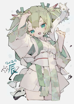 Rule 34 | 1girl, 2024, :d, absurdres, arm up, arrow (projectile), chinese zodiac, commentary request, cropped legs, dated commentary, fang, green eyes, green hair, green ribbon, hair ribbon, hamaya, hand up, highres, japanese clothes, kimono, long sleeves, looking at viewer, nep (nep 76), new year, obi, open mouth, original, ribbon, sash, short hair, simple background, skin fang, smile, snake, solo, white background, white kimono, white sash, wide sleeves, year of the snake