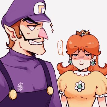 ... 1boy 1girl black_overalls blue_eyes brown_hair crown dress earrings facial_hair flower_earrings grey_background hat jewelry mario_(series) mustache nintendo onirizu orange_dress overalls pointy_ears princess_daisy puffy_short_sleeves puffy_sleeves purple_hat purple_shirt shirt short_sleeves simple_background sparkle waluigi