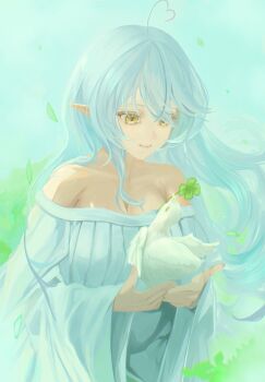 1girl absurdres ahoge animal bare_shoulders bird blue_background blue_dress blue_hair breasts cleavage closed_mouth clover commentary dress edge_ill elf four-leaf_clover heart heart_ahoge highres holding holding_animal hololive long_hair long_sleeves looking_at_animal off-shoulder_dress off_shoulder pointy_ears smile solo swept_bangs symbol-only_commentary upper_body virtual_youtuber wide_sleeves yellow_eyes yukihana_lamy
