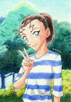 Rule 34 | 1girl, arm at side, bj1034 (tosashi), black hair, blue eyes, blush, closed mouth, colored pencil (medium), day, high ponytail, highres, meitantei conan, mizunashi rena, outdoors, park, ponytail, shirt, smile, solo, striped clothes, striped shirt, three-quarter sleeves, traditional media, tree, upper body, v