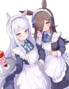 :d absurdres alternate_costume animal_ears apron blue_bow blue_dress blue_flower blue_rose blush bow brown_hair closed_mouth collared_dress commentary_request dress enmaided flower food frilled_apron frills fruit grey_hair hair_flower hair_ornament hair_over_one_eye highres holding holding_tray horse_ears horse_girl horse_tail long_hair looking_at_viewer maid maid_apron maid_headdress mejiro_mcqueen_(umamusume) menu mola_mola open_mouth parfait purple_eyes rice_shower_(umamusume) rose simple_background smile strawberry tail tray umamusume very_long_hair white_apron white_background