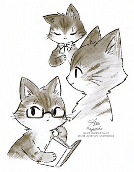 Rule 34 | animal, animal focus, ayu (mog), book, cat, closed eyes, closed mouth, commentary request, glasses, highres, holding, holding book, no humans, original, semi-rimless eyewear, signature, simple background, smile, twitter username, under-rim eyewear, watermark, whiskers, white background