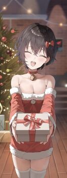 1girl alternate_costume bare_shoulders bell bell_earrings belle_(zenless_zone_zero) black_hair blurry blush bow breasts choker christmas_tree cleavage closed_mouth collarbone commentary cowboy_shot detached_sleeves dress earrings fur-trimmed_dress fur-trimmed_sleeves fur_trim gift hair_between_eyes hair_bow head_tilt highres holding holding_gift indoors jewelry krux_(k_krux) large_breasts long_sleeves neck_bell open_mouth red_bow red_choker red_dress short_hair solo standing symbol-only_commentary teeth thighhighs upper_teeth_only white_thighhighs zenless_zone_zero