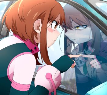 Rule 34 | 1boy, 1girl, absurdres, boku no hero academia, brown eyes, brown hair, car, closed mouth, commentary, different reflection, english commentary, fingerless gloves, gloves, hagakure toru, highres, implied sex, khyle., midoriya izuku, motor vehicle, reflection, short hair, uraraka ochako