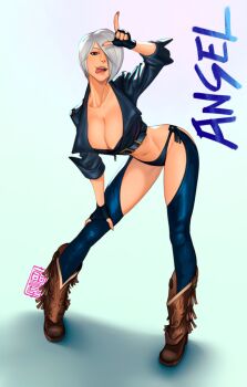 Rule 34 | 1girl, angel (kof), astrubal , astrubalart, blue eyes, boots, breasts, female focus, huge breasts, large breasts, leather, looking at viewer, pale skin, panties, short hair, standing, the king of fighters, thick thighs, thighs, tongue, tongue out, underwear, white hair