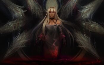 1girl anri_(anriplu) artist_name bare_shoulders blood blue_eyes code_vein commentary_request cruz_silva_(code_vein) dark-skinned_female dark_skin dress expressionless female_focus hair_between_eyes highres long_hair looking_at_viewer platinum_blonde_hair pool_of_blood signature solo spikes