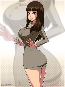 1girl ass breasts brown_eyes brown_hair formal_clothes godzilla_(series) godzilla_vs._destoroyah hands_up large_breasts layerth legs_together long_hair looking_at_viewer looking_back skirt smile solo standing thick_thighs thighs toho watermark yamane_yukari