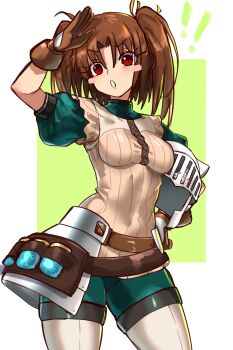 ! !! 1girl absurdres armor blush brown_gloves brown_hair cosplay ebora gareth_(fate) gareth_(fate)_(cosplay) gareth_(first_ascension)_(fate) gloves helmet highres juliet_sleeves leather leather_belt leather_gloves long_sleeves open_mouth potion puffy_sleeves red_eyes salute solo sweater_vest tsukihime twintails vest yumizuka_satsuki