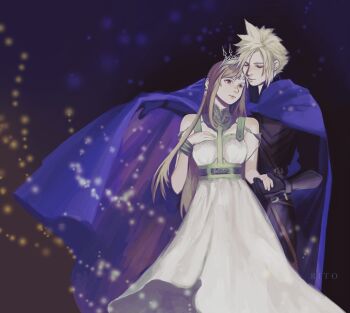 1boy 1girl armlet bare_shoulders black_gloves black_hair black_jacket blonde_hair blue_cape bracelet breasts brown_hair cape closed_eyes closed_mouth cloud_strife cloud_strife_(alphreid_costume) commentary_request couple crown dress earrings feet_out_of_frame final_fantasy final_fantasy_vii final_fantasy_vii_rebirth final_fantasy_vii_remake gloves gold_crown gold_earrings gold_tiara hand_on_own_chest heads_together height_difference high_collar highres holding_hands jacket jewelry light_particles light_smile long_hair looking_at_another medium_breasts official_alternate_costume princess_rosa_costume red_eyes short_hair spiked_hair swept_bangs tiara tifa_lockhart tifa_lockhart_(loveless_dress) tori_(labyrinth_fft) white_dress