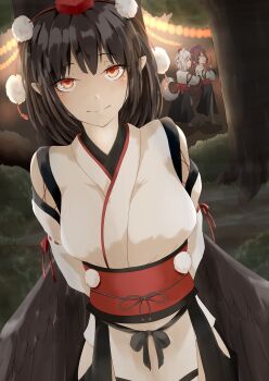 Rule 34 | 3girls, animal ears, arms behind back, bird wings, breasts, brown wings, closed mouth, commentary request, detached sleeves, feathered wings, grey hair, hat, highres, himekaidou hatate, inubashiri momiji, japanese clothes, kagami toufu, kimono, kourindou tengu costume, large breasts, multiple girls, obi, obijime, official alternate costume, outdoors, pelvic curtain, pointy ears, pom pom (clothes), purple hat, red hat, red sash, sash, shameimaru aya, side slit, smile, solo focus, tail, thighhighs, tokin hat, touhou, white kimono, white thighhighs, wings, wolf ears, wolf girl, wolf tail