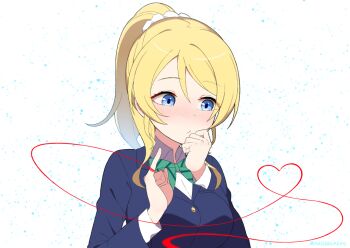 1girl akisaka_akira artist_name ayase_eli blonde_hair blue_eyes blush breasts commentary_request green_ribbon hair_ornament hair_scrunchie heart looking_to_the_side love_live! love_live!_school_idol_project neck_ribbon otonokizaka_school_uniform pinky_out ponytail ribbon school_uniform scrunchie solo string string_of_fate white_background white_scrunchie