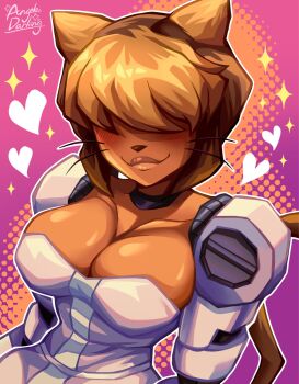 1girl blush breasts brown_hair cat_girl cleavage furry gameoverse glitch_productions hair_over_eyes huge_breasts mature_female mechanical_arms tail tina_(gameoverse)