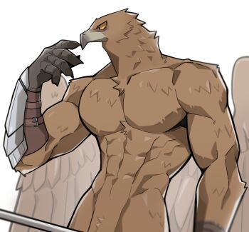 1boy abs bara beak bird_boy bird_wings claws closed_mouth commentary elden_ring elden_ring_nightreign english_commentary feathered_wings furry furry_male guardian_(elden_ring) highres looking_down male_focus muscular muscular_male nude pectorals profile takochinki white_background wings