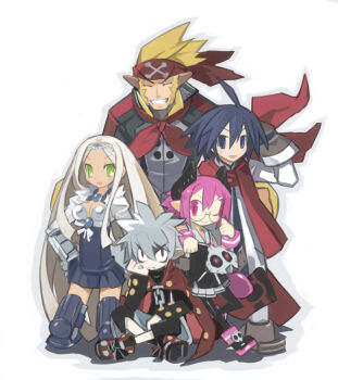 2girls 3boys ahoge almaz_von_almadine_adamant blonde_hair blue_eyes blue_hair champloo closed_eyes disgaea dress everyone glasses gloves green_eyes grey_hair harada_takehito horns long_hair makai_senki_disgaea_3 mao_(disgaea) mr._champloo multiple_boys multiple_girls nippon_ichi official_art one_eye_closed pink_eyes pink_hair pointy_ears raspberyl red_eyes sapphire_rhodonite scarf school_uniform short_hair sitting smile thighhighs tiara white_hair wink