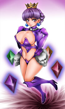 1041_(toshikazu) 1girl alternate_costume atlus blush boots braid breasts cleavage crown curvy earrings female_focus french_braid gold_crown gradriel gradriel_de_valendia huge_breasts jewelry large_breasts princess_crown purple_eyes purple_hair revealing_clothes short_hair skull smile solo
