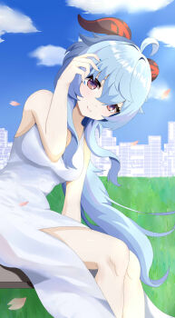 1girl absurdres ahoge alternate_costume bare_shoulders blue_hair blue_nails blue_sky blush breasts building city closed_mouth cloud cloudy_sky commentary_request day dress feet_out_of_frame fingernails floating_hair ganyu_(genshin_impact) genshin_impact goat_horns grass hair_between_eyes hand_up highres horns long_hair looking_at_viewer low_ponytail medium_breasts mishirosora nail_polish outdoors petals pink_eyes ponytail purple_pupils sidelocks sitting sky skyscraper sleeveless sleeveless_dress smile solo wavy_hair white_dress