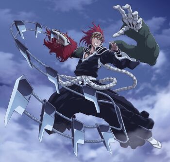 1boy abarai_renji absurdres arm_blade bandana bankai black_hakama black_kimono bleach bleach:_sennen_kessen-hen bone chest_tattoo clenched_teeth cloud collarbone extra_arms forehead_tattoo full_body fur_trim green_fur hakama highres japanese_clothes kimono looking_at_viewer midair obi ponytail red_fur red_hair sash shihakusho sideburns sky socks solo sonzhondaya souou_zabimaru_(bankai) tabi tattoo teeth waraji weapon whip_sword white_sash white_socks