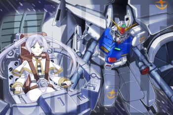 1girl capelet cockpit control_stick dendrobium_schema earrings earth_federation earth_federation_space_forces elf frieren green_eyes grey_hair gun gundam gundam_0083 gundam_gp-03_dendrobium holding holding_weapon jewelry kin-san_(sasuraiga) long_hair looking_at_viewer mecha mecha_interior mobile_armor mobile_suit parted_bangs pilot piloting pointy_ears robot science_fiction sousou_no_frieren space twintails v-fin watermark weapon white_capelet white_hair
