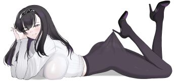 1girl ;) absurdres arknights black_eyes black_hair black_hairband black_pantyhose black_shoes blush breasts closed_mouth colored_inner_hair diamond-shaped_pupils diamond_(shape) dr.deims_(dim5s) full_body grey_sweater hairband highres lace_pantyhose_hooked_on_heel_(meme) large_breasts long_hair long_sleeves looking_at_viewer lying meme multicolored_hair on_stomach one_eye_closed own_hands_together pantyhose priestess_(arknights) purple_hair shoes simple_background smile solo sweater symbol-shaped_pupils white_background