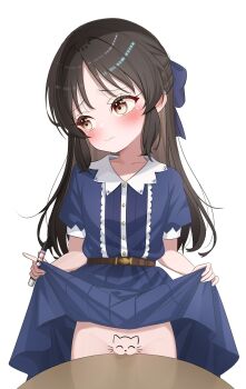 1girl against_table averting_eyes blue_dress blush brown_hair closed_mouth clothes_lift cowboy_shot do_you_want_to_pet_my_cat_(meme) dress dress_lift embarrassed fella_(vpffk0731) highres holding holding_marker idolmaster idolmaster_cinderella_girls loli long_hair looking_to_the_side marker meme no_panties pussy short_sleeves simple_background solo standing table tachibana_arisu white_background