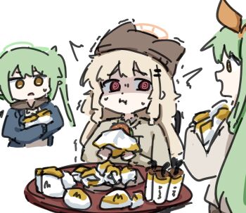 3girls @_@ ^^^ aoba_(blue_archive) aoba_(mom's_touch)_(blue_archive) beanie blue_archive burger food green_hair green_halo hair_ornament hairclip halo hat highres hikari_(blue_archive) hikari_(mom's_touch)_(blue_archive) holding holding_burger holding_food long_hair long_sleeves mom's_touch multiple_girls nozomi_(blue_archive) nozomi_(mom's_touch)_(blue_archive) official_alternate_costume open_mouth orange_halo parallel_hairclips pointy_ears raw_beef red_eyes shirt siblings simple_background table too_much_food twins twintails white_background yellow_eyes