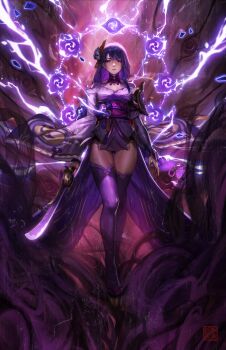 1girl absurdres braid bridal_gauntlets coattails commentary daniel_deng electricity english_commentary full_body genshin_impact hair_ornament highres holding holding_sword holding_weapon japanese_clothes katana kimono low-braided_long_hair low-tied_long_hair mitsudomoe_(shape) mole mole_under_eye obi obiage obijime purple_eyes purple_hair purple_kimono purple_thighhighs raiden_shogun sash single_braid solo standing sword thighhighs tomoe_(symbol) weapon wide_sleeves