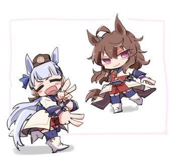 2girls :d ahoge animal_ears beer_hsk blue_choker blue_thighhighs blush_stickers boots brown_hair chibi choker closed_eyes closed_mouth cropped_jacket double_v garter_straps gold_ship_(umamusume) grey_hair hair_between_eyes horse_ears horse_girl horse_tail jacket long_hair multiple_girls nakayama_festa_(umamusume) open_clothes open_jacket open_mouth purple_eyes red_shorts shadow shorts smile solo starting_future_(umamusume) tail thighhighs thighhighs_under_boots umamusume v very_long_hair white_background white_boots white_jacket