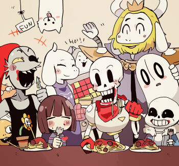 1other 3girls 6+boys alphys annoying_dog asgore_dreemurr bug closed_eyes dog eating english_text flowey_(undertale) food fork frisk_(undertale) holding holding_fork mettaton mettaton_(box) monster_kid_(undertale) multiple_boys multiple_girls napstablook papyrus_(undertale) pasta sans_(undertale) skeleton spaghetti spider temmie terada_tera toriel undertale undyne utdr_(toby_fox)